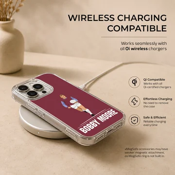 Bobby Moore digital illustration on a red phone case with text — Charging
