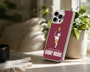 Bobby Moore digital illustration on a red phone case with text — Lifestyle