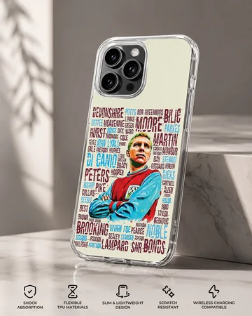 Bold typography Bobby Moore tribute design on phone case — Specs