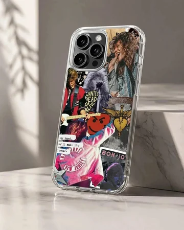 Bon Jovi montage with iconic images and text on phone case