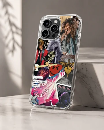 Bon Jovi montage with iconic images and text on phone case — Hero