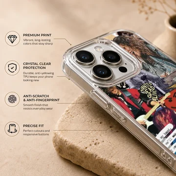 Bon Jovi montage with iconic images and text on phone case — Info