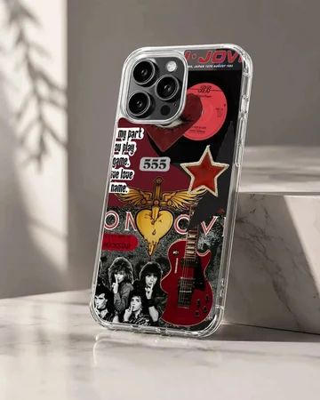 Bon Jovi collage featuring guitar, vinyl, and stars on a phone case