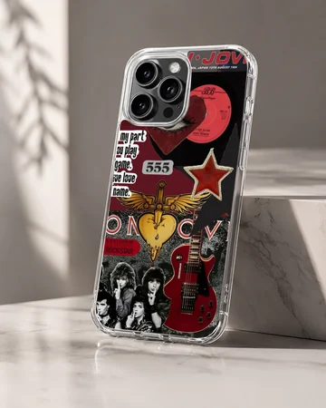 Bon Jovi collage featuring guitar, vinyl, and stars on a phone case — Hero