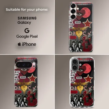 Bon Jovi collage featuring guitar, vinyl, and stars on a phone case — Collage