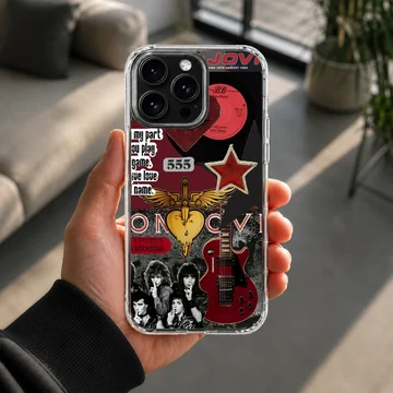 Bon Jovi collage featuring guitar, vinyl, and stars on a phone case — Lifestyle