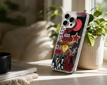 Bon Jovi collage featuring guitar, vinyl, and stars on a phone case — Lifestyle