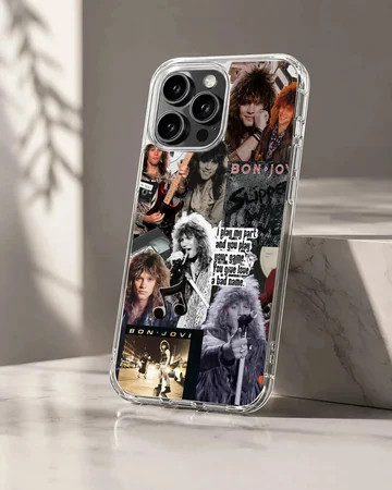 Bon Jovi collage featuring iconic photos and logos on a phone case