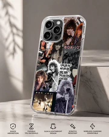 Bon Jovi collage featuring iconic photos and logos on a phone case — Specs