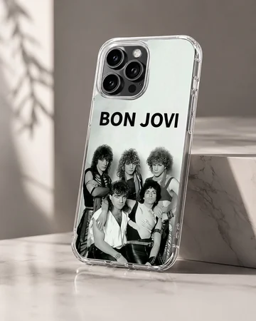 Bon Jovi band photo with bold typography on phone case. — Hero