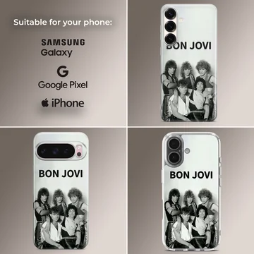 Bon Jovi band photo with bold typography on phone case. — Collage