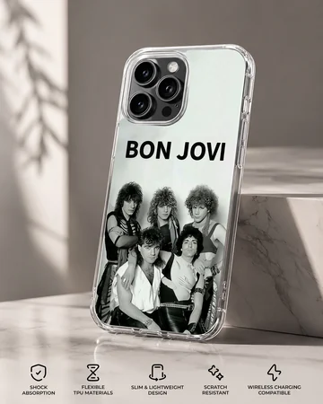 Bon Jovi band photo with bold typography on phone case. — Specs