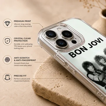 Bon Jovi band photo with bold typography on phone case. — Info