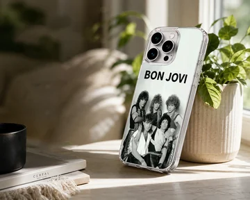 Bon Jovi band photo with bold typography on phone case. — Lifestyle