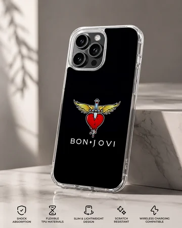 Bon Jovi heart and wings logo on a black phone case — Specs