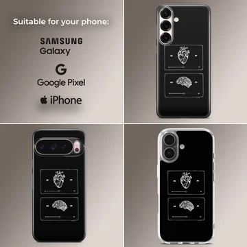 Black and white digital illustration of a brain and heart on a phone case — Collage