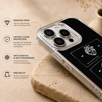 Black and white digital illustration of a brain and heart on a phone case — Info