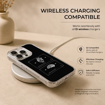 Black and white digital illustration of a brain and heart on a phone case — Charging
