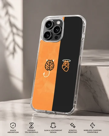Abstract brain and heart design in orange and black phone case — Specs