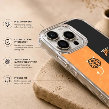 Abstract brain and heart design in orange and black phone case — Info