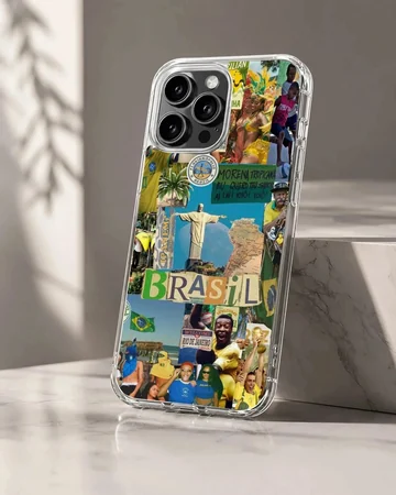 Brazil flag collage with colorful iconic imagery on phone case