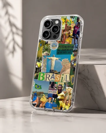 Brazil flag collage with colorful iconic imagery on phone case — Hero