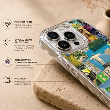 Brazil flag collage with colorful iconic imagery on phone case — Info