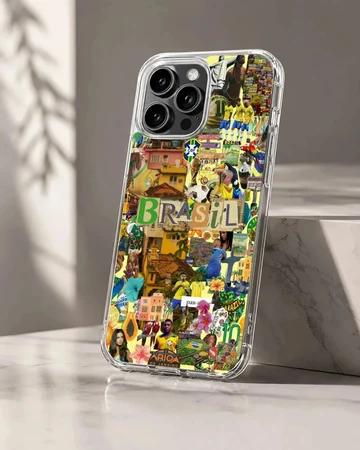 Vibrant phone case featuring Brazil flag collage design.