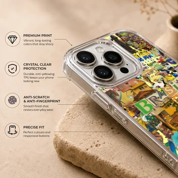 Vibrant phone case featuring Brazil flag collage design. — Info