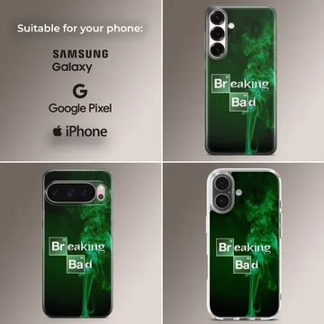 Breaking Bad phone case with series-inspired design and green smoke. — Collage