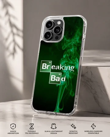 Breaking Bad phone case with series-inspired design and green smoke. — Specs