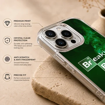 Breaking Bad phone case with series-inspired design and green smoke. — Info