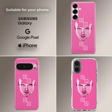 Breaking Bad art design phone case featuring iconic face in bold colors. — Collage