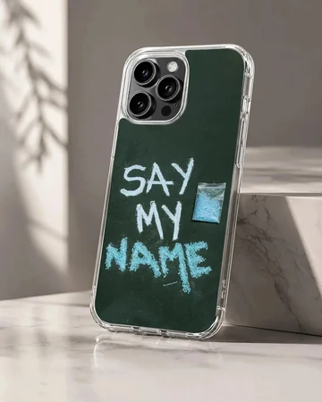 Breaking Bad Say My Name phone case with bold typography and blue accents.