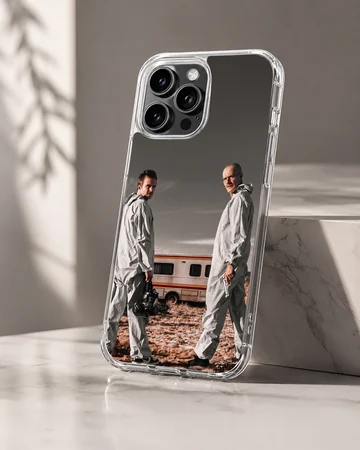 Breaking Bad characters with RV and desert scene phone case — Hero