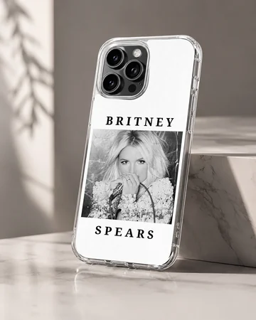 Phone case featuring a monochrome photograph of Britney Spears with bold typography. — Hero