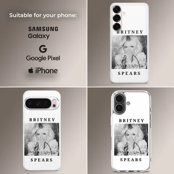 Phone case featuring a monochrome photograph of Britney Spears with bold typography. — Collage