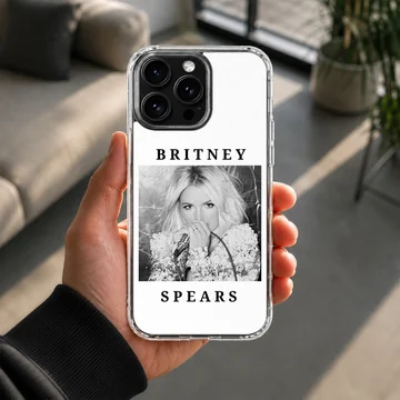 Phone case featuring a monochrome photograph of Britney Spears with bold typography. — Lifestyle