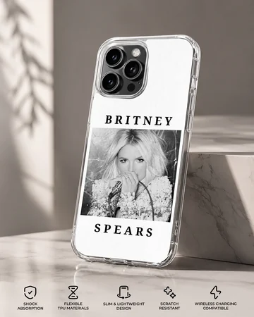 Phone case featuring a monochrome photograph of Britney Spears with bold typography. — Specs