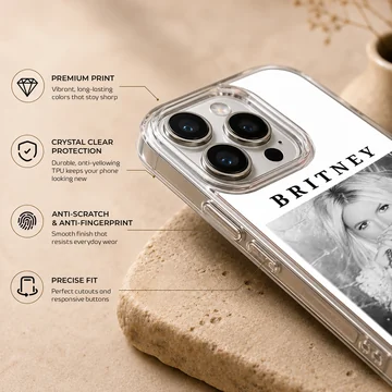Phone case featuring a monochrome photograph of Britney Spears with bold typography. — Info