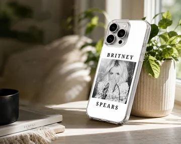 Phone case featuring a monochrome photograph of Britney Spears with bold typography. — Lifestyle