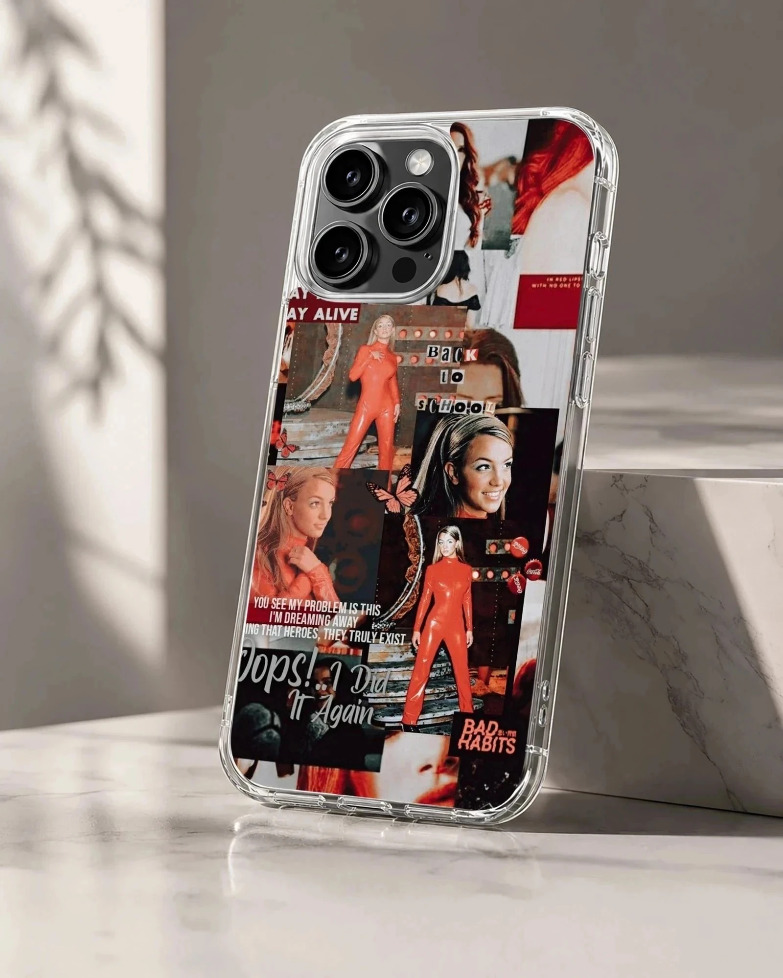 Collage of Britney Spears with bold typography on a phone case
