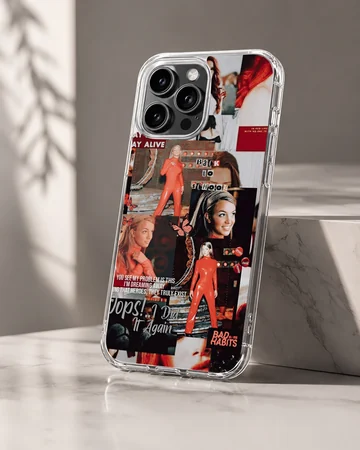Collage of Britney Spears with bold typography on a phone case — Hero