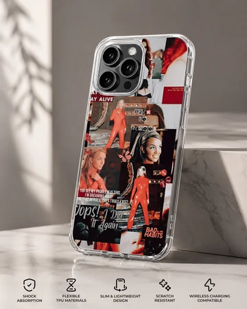 Collage of Britney Spears with bold typography on a phone case — Specs