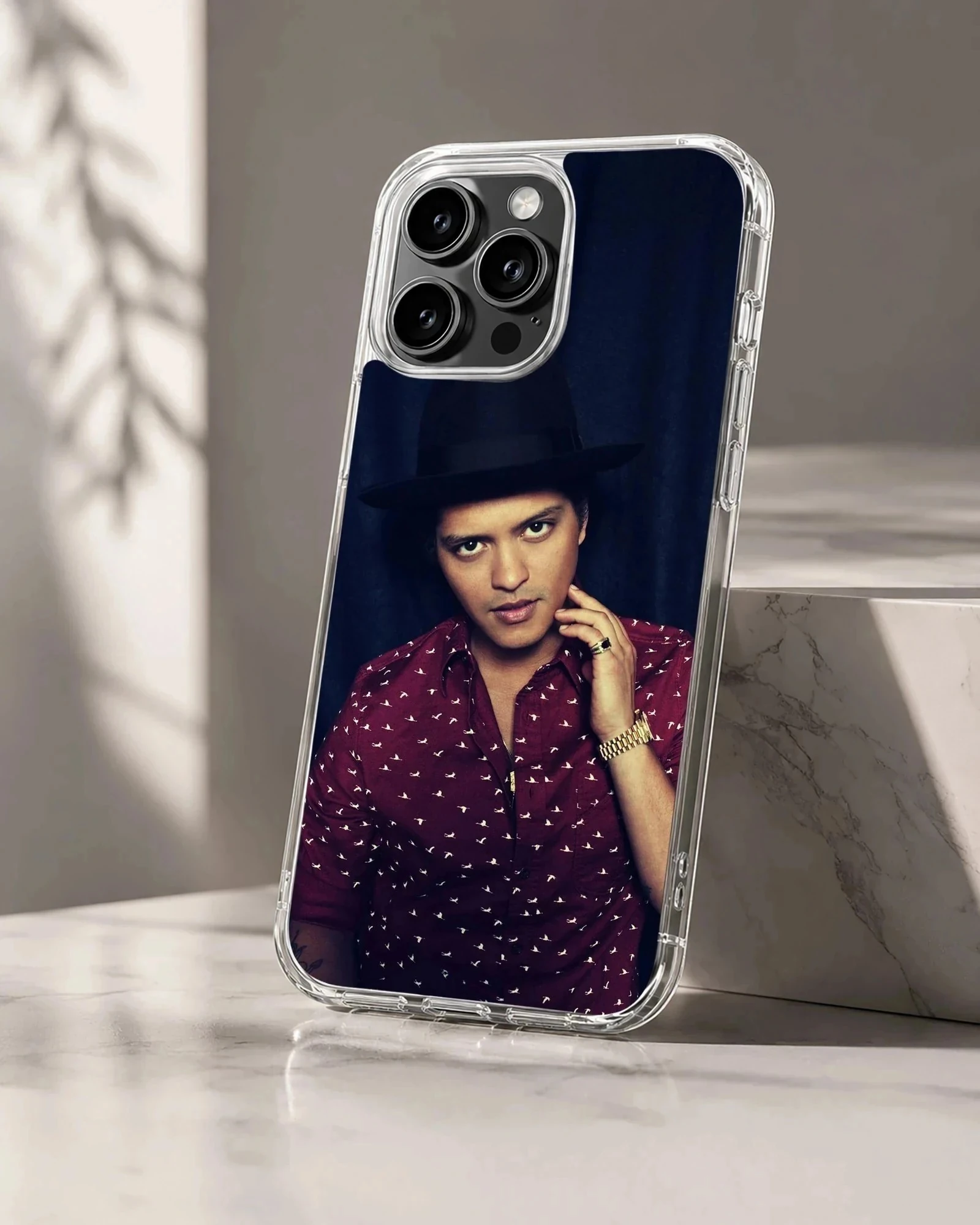 Bruno Mars portrait in hat and red shirt phone case
