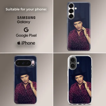 Bruno Mars portrait in hat and red shirt phone case — Collage
