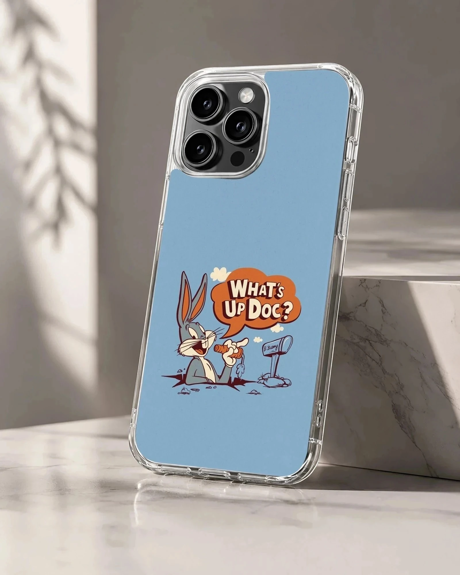 Bugs Bunny cartoon art saying 'What's Up Doc?' on a phone case