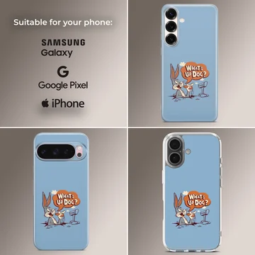 Bugs Bunny cartoon art saying 'What's Up Doc?' on a phone case — Collage