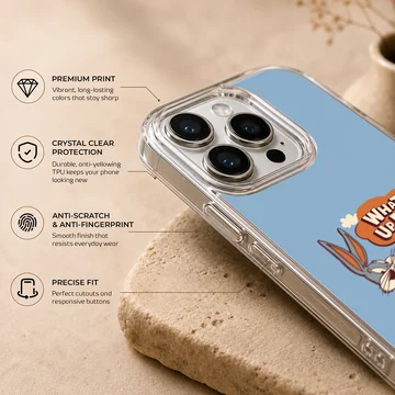 Bugs Bunny cartoon art saying 'What's Up Doc?' on a phone case — Info