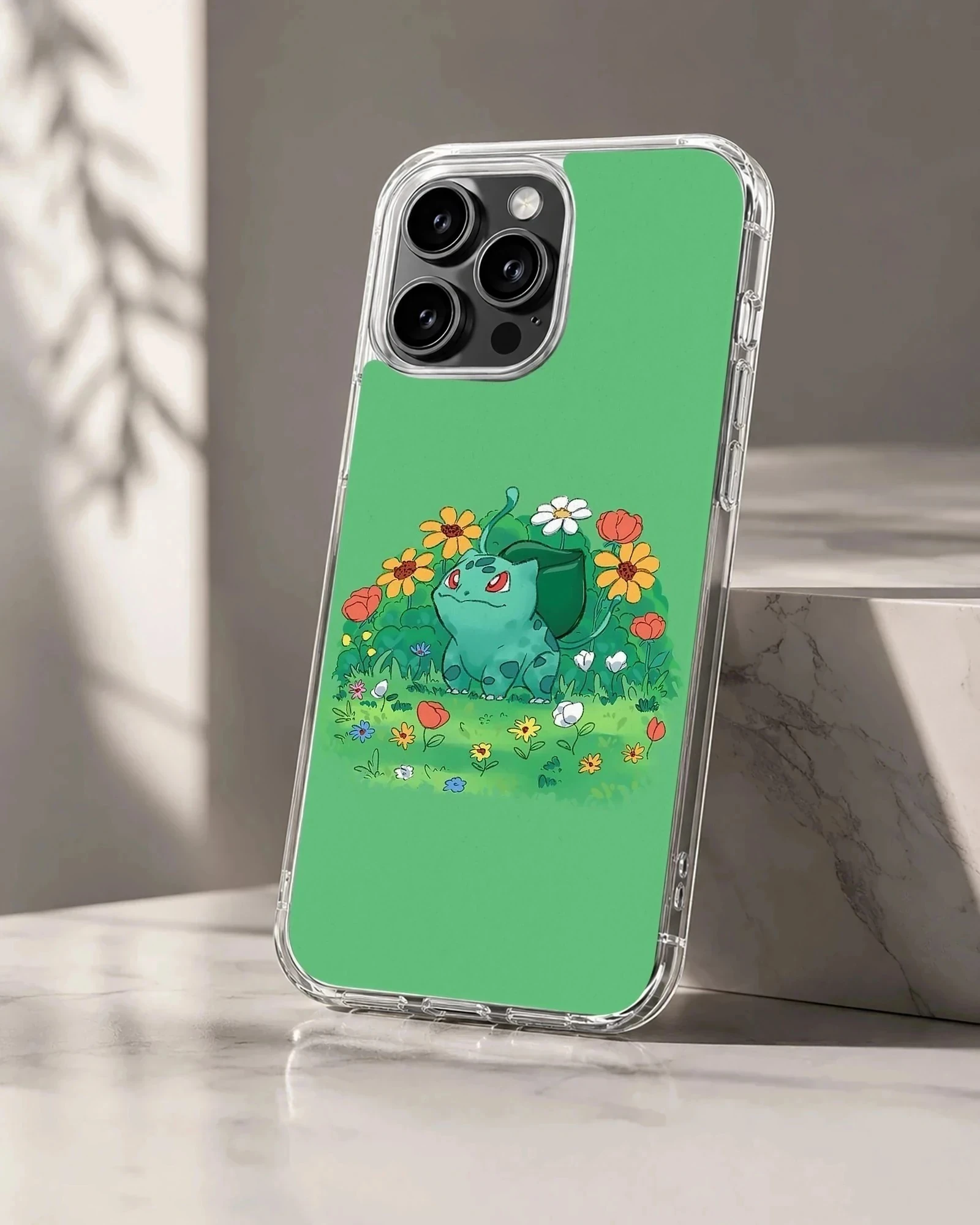 Bulbasaur surrounded by flowers on a phone case
